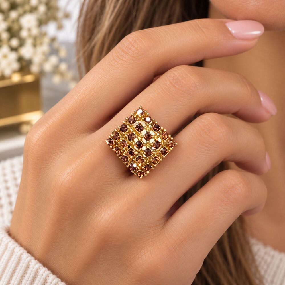 Square Gold Rhinestone Cocktail Ring Rhodium Plated Brass Womens Size 8